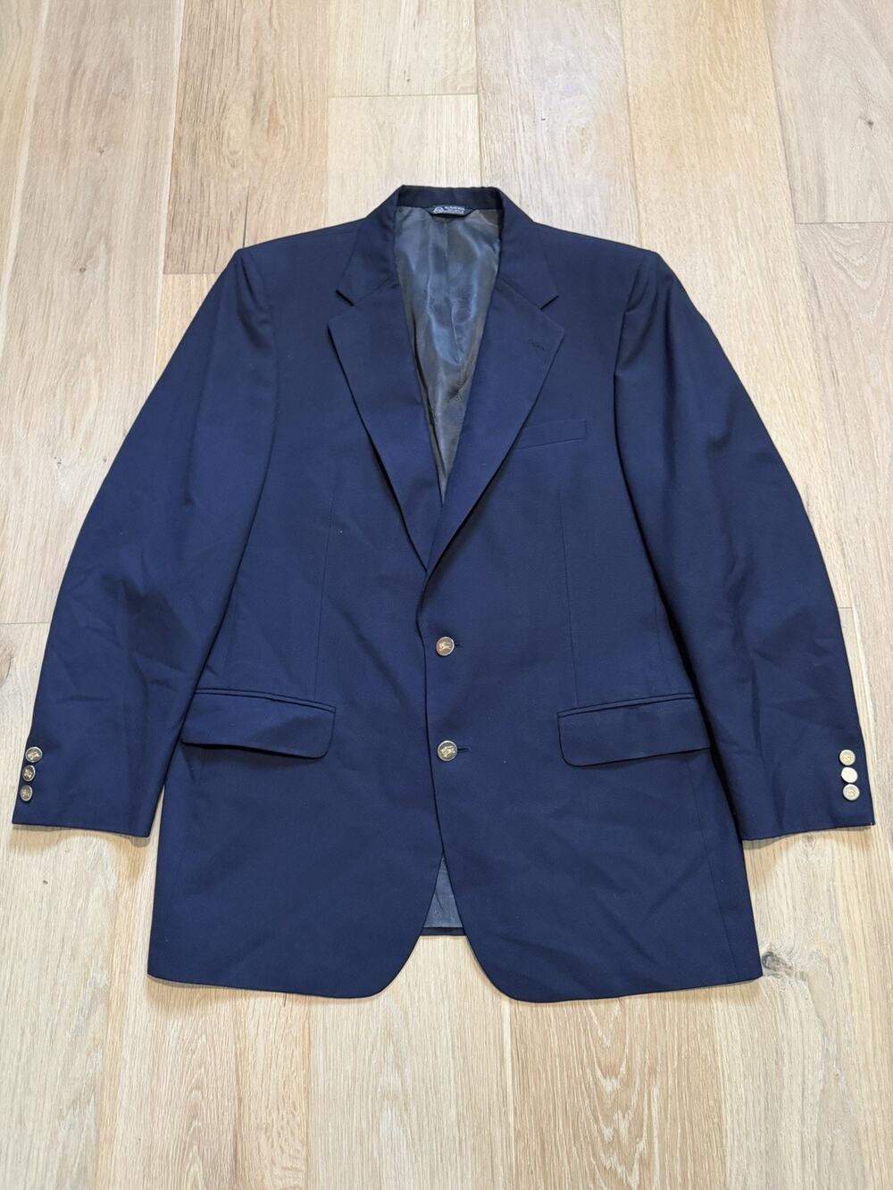 Vintage 90s Burberry Suit Jacket 46L Made IN USA Navy Gold Button Pure Wool VTG